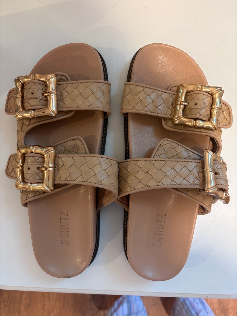 SCHUTZ Woven Tan Double Buckle Slide Sandals with Gold Hardware